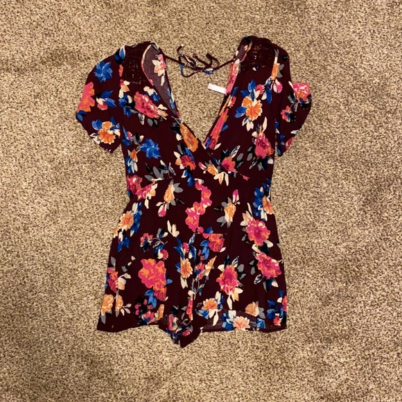 Xhilaration Pants - Burgundy romper with floral print